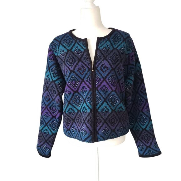 Vtg Y2K Icelandic Design Women's Wool Diamond Pattern Zip-Up Cardigan Jacket LG - Picture 3 of 16